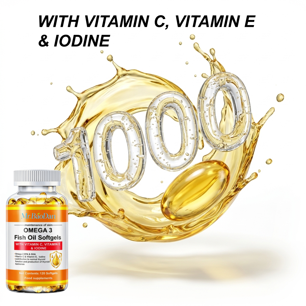 Omega-3-Fischöl-Kapseln 3er-Pack 360 Weichgelatinekapseln 1000 mg Omega-3-Fettsäuren Nährstoffkapseln für Erwachsene mit EPA, DHA, Vitamin C, E, Jod