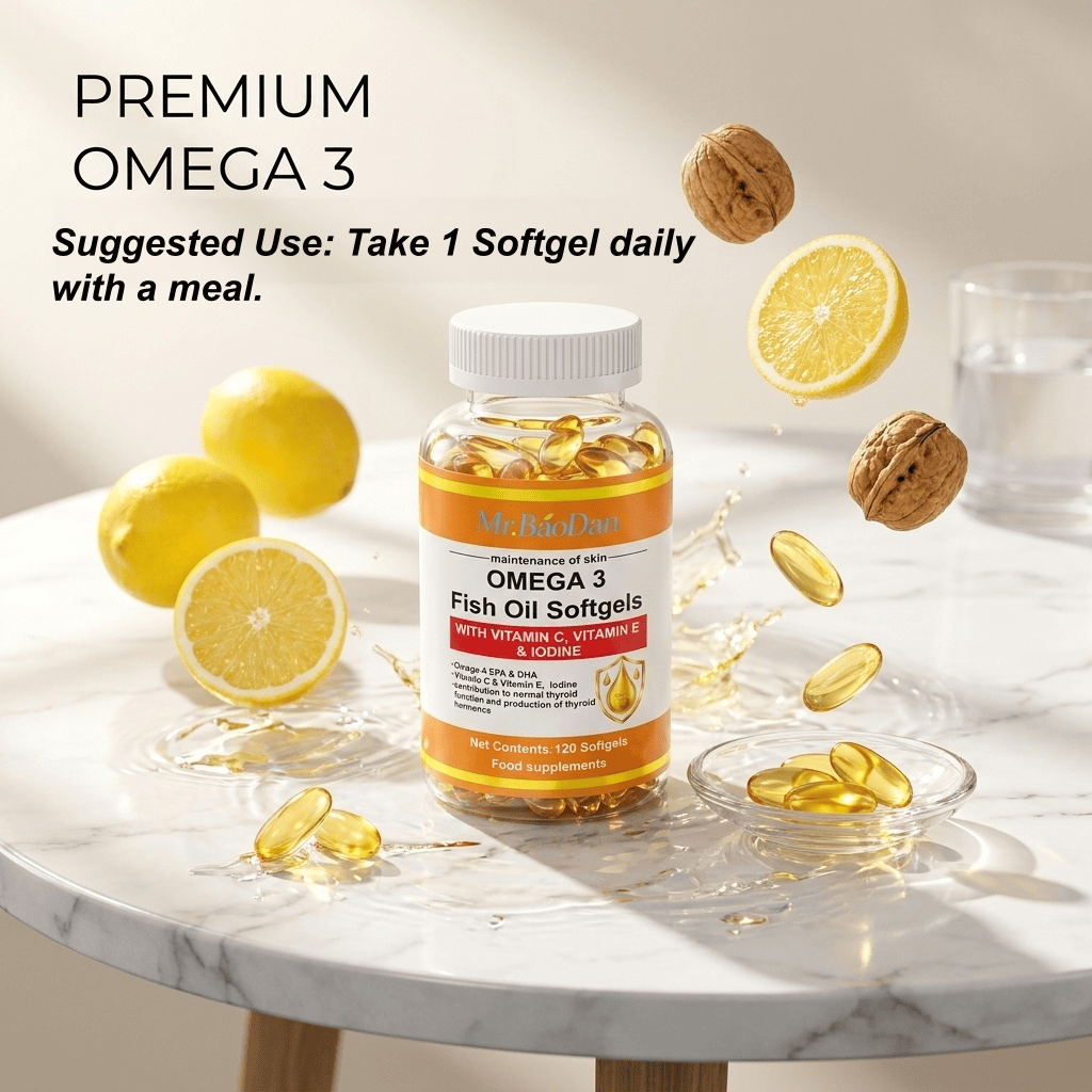 Omega-3-Fischöl-Kapseln 3er-Pack 360 Weichgelatinekapseln 1000 mg Omega-3-Fettsäuren Nährstoffkapseln für Erwachsene mit EPA, DHA, Vitamin C, E, Jod