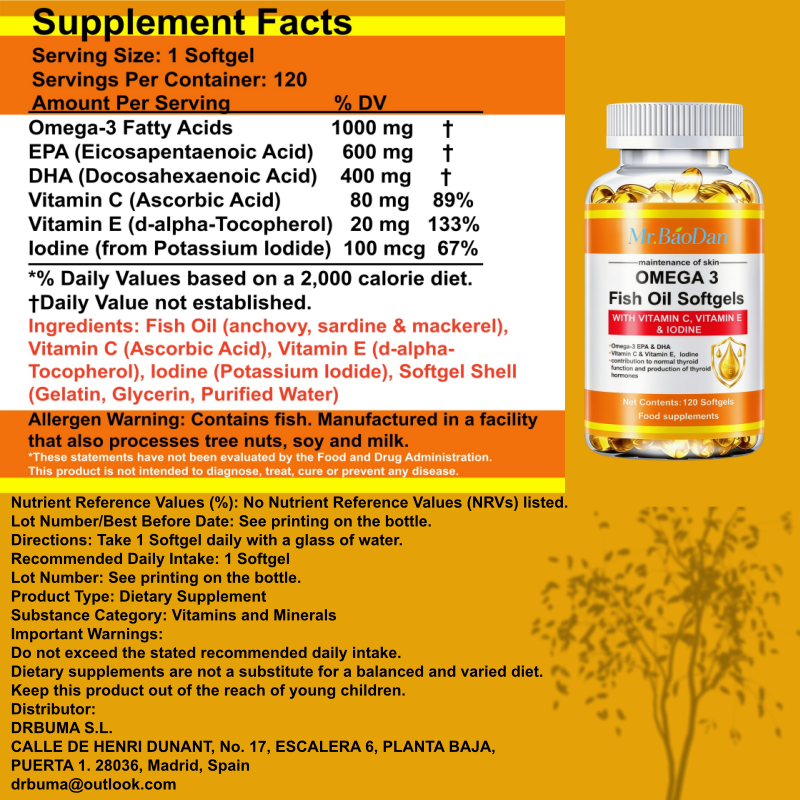 Omega-3-Fischöl-Kapseln 3er-Pack 360 Weichgelatinekapseln 1000 mg Omega-3-Fettsäuren Nährstoffkapseln für Erwachsene mit EPA, DHA, Vitamin C, E, Jod