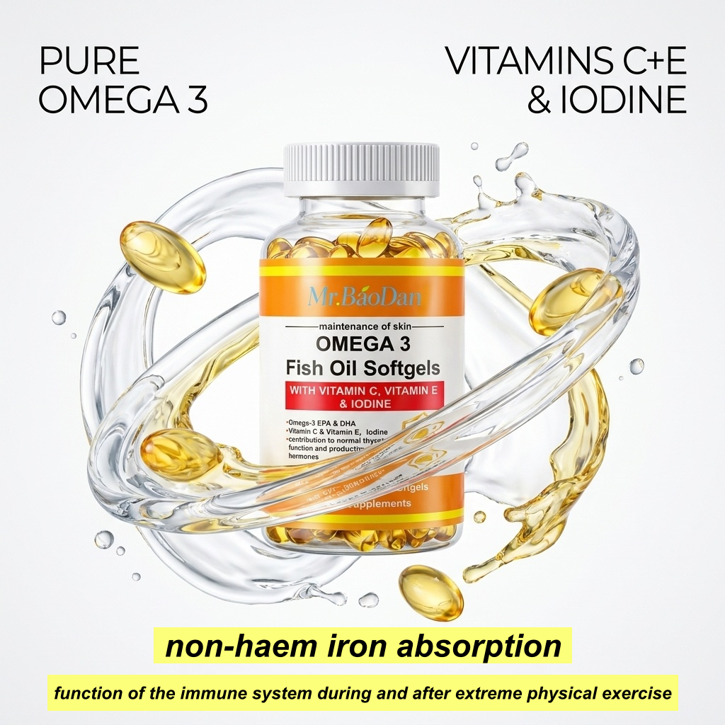 Omega-3-Fischöl-Kapseln 3er-Pack 360 Weichgelatinekapseln 1000 mg Omega-3-Fettsäuren Nährstoffkapseln für Erwachsene mit EPA, DHA, Vitamin C, E, Jod