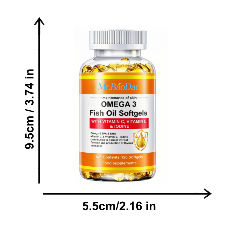 Omega-3-Fischöl-Kapseln 3er-Pack 360 Weichgelatinekapseln 1000 mg Omega-3-Fettsäuren Nährstoffkapseln für Erwachsene mit EPA, DHA, Vitamin C, E, Jod